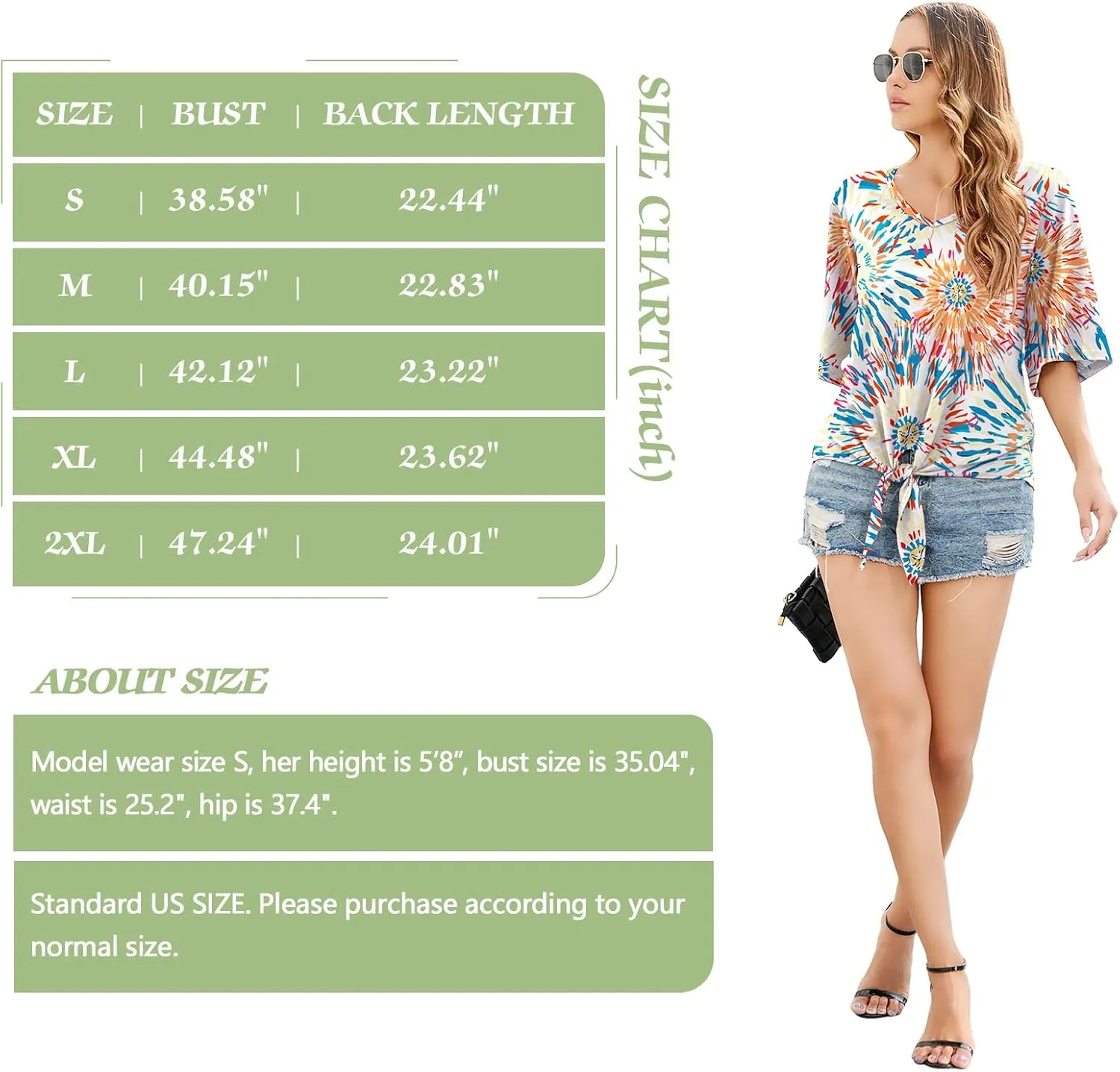 SUEANI Women's Tie Front Tops Summer V Neck 3/4 Bell Sleeve Twist Knot T Shirts