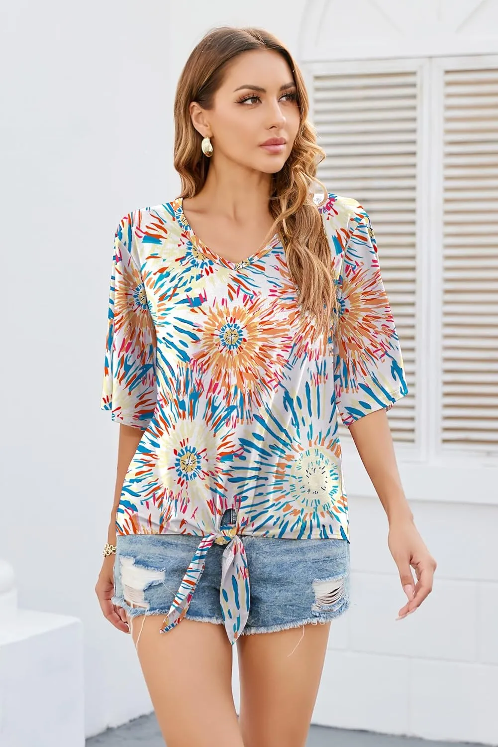 SUEANI Women's Tie Front Tops Summer V Neck 3/4 Bell Sleeve Twist Knot T Shirts
