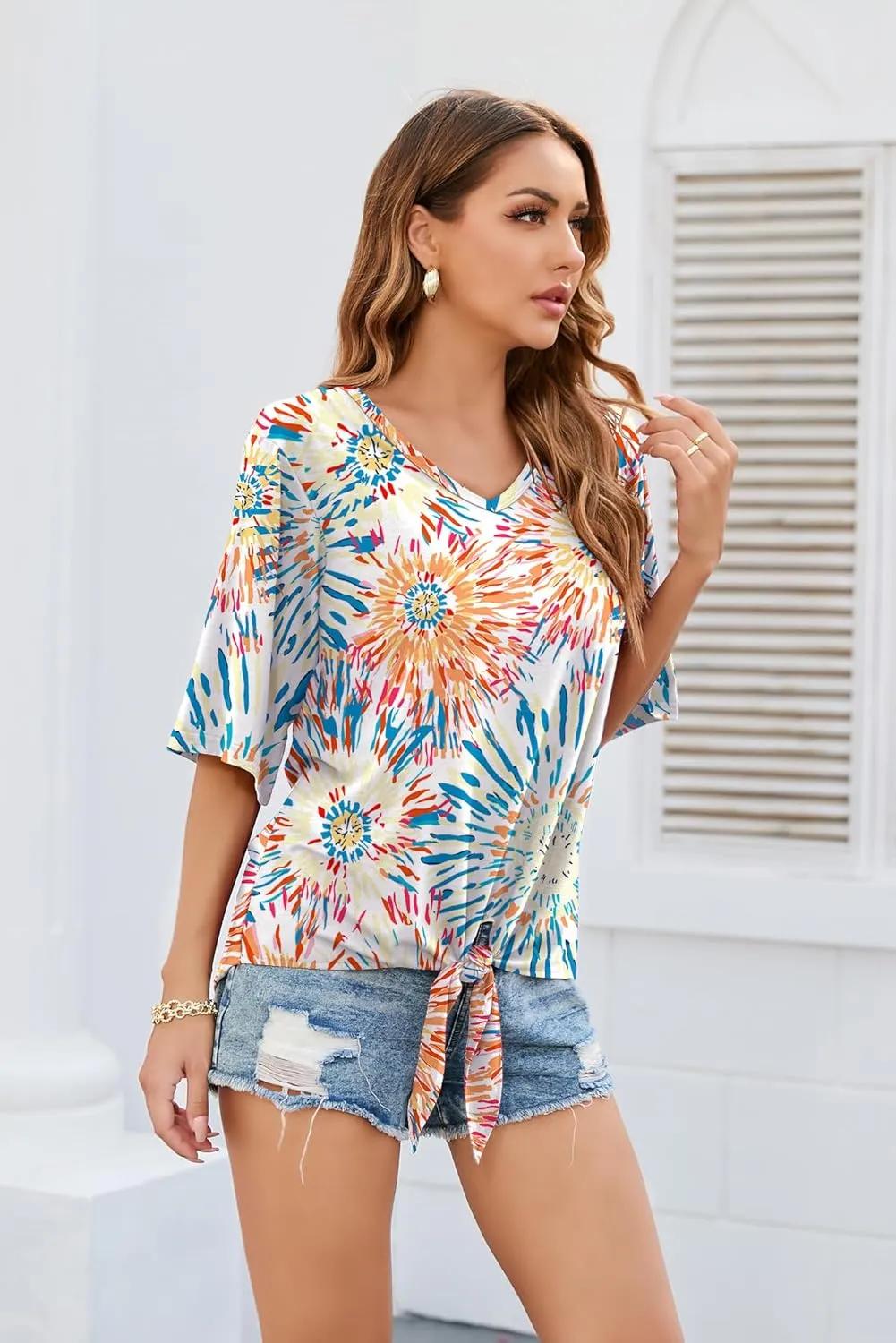 SUEANI Women's Tie Front Tops Summer V Neck 3/4 Bell Sleeve Twist Knot T Shirts