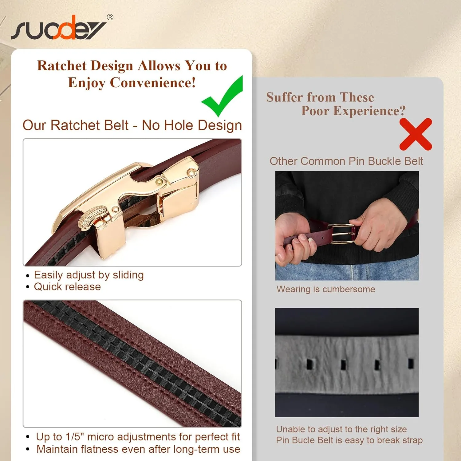 SUOSDEY Women Leather Ratchet Belt for Jeans Pants with Automatic Sliding Buckle, Adjustable Belt for Ladies, Width 1.2"