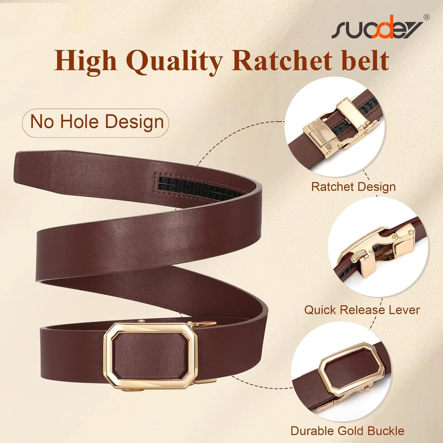 SUOSDEY Women Leather Ratchet Belt for Jeans Pants with Automatic Sliding Buckle, Adjustable Belt for Ladies, Width 1.2"