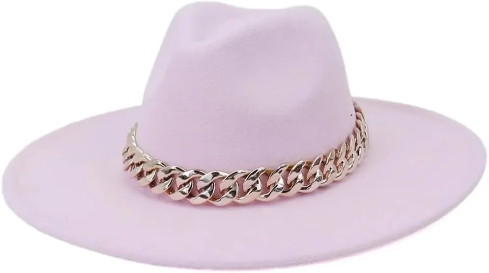 Wide Hats for Women Fedora Mens Hat Panama Wide Brim Jazz Caps with Golden Chain Belt Vintage