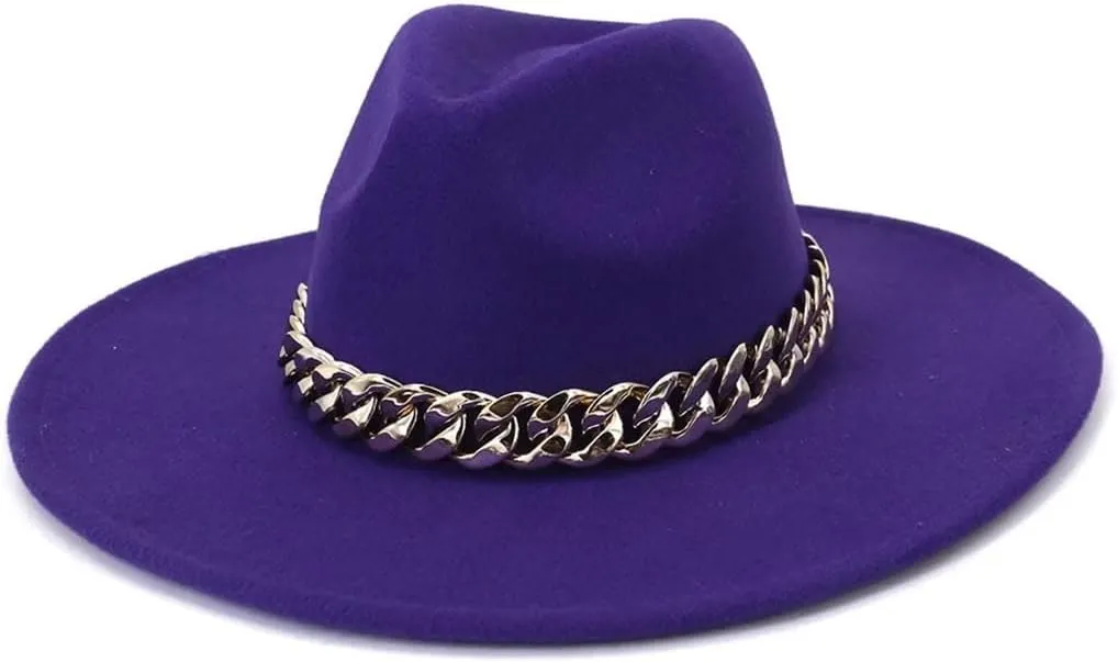 Wide Hats for Women Fedora Mens Hat Panama Wide Brim Jazz Caps with Golden Chain Belt Vintage