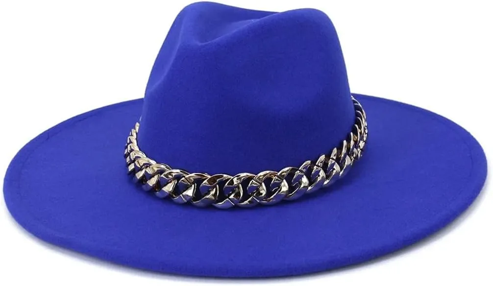 Wide Hats for Women Fedora Mens Hat Panama Wide Brim Jazz Caps with Golden Chain Belt Vintage
