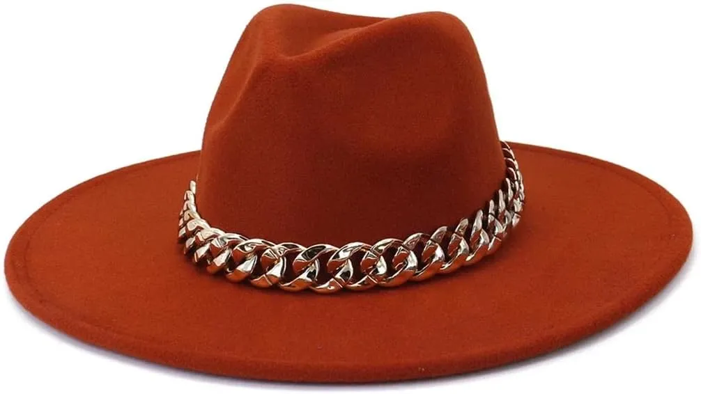 Wide Hats for Women Fedora Mens Hat Panama Wide Brim Jazz Caps with Golden Chain Belt Vintage
