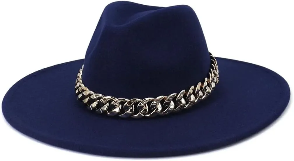 Wide Hats for Women Fedora Mens Hat Panama Wide Brim Jazz Caps with Golden Chain Belt Vintage