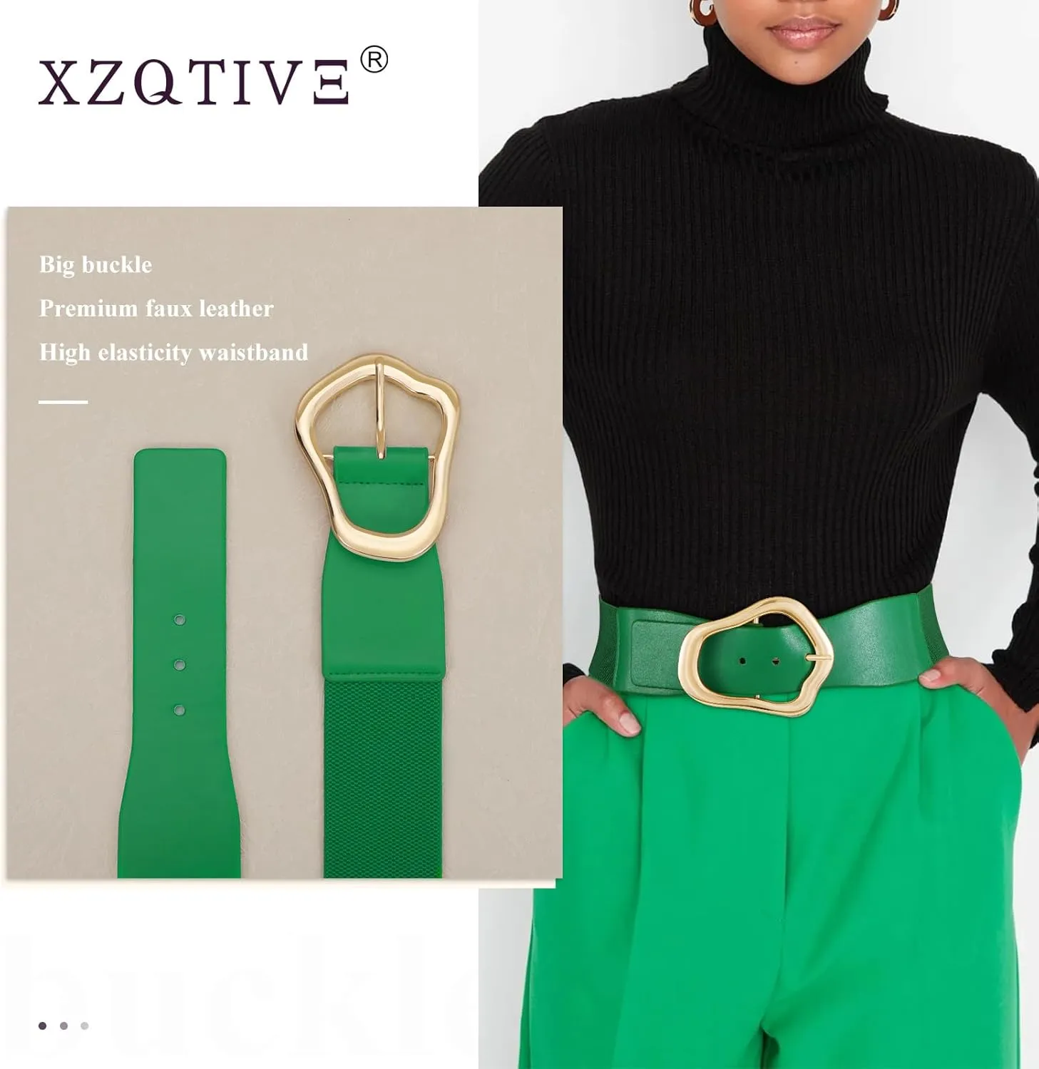 XZQTIVE Women Wide Elastic Waist Belt for Dresses Fashion Big Gold Buckle Stretchy Leather Waistband for Ladies